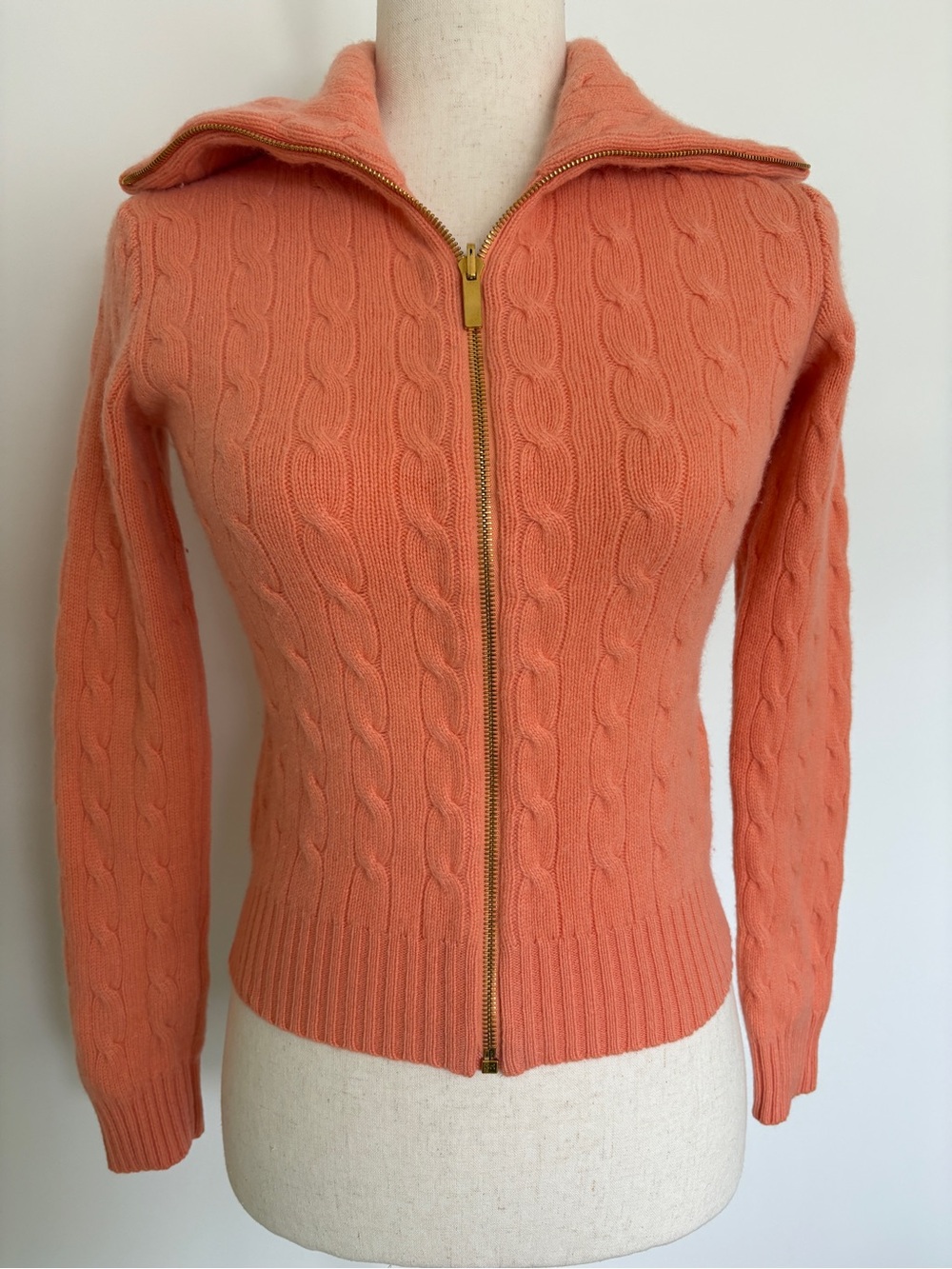 Ralph Lauren Black Label 100% Cashmere Cable Knit Full Zip Sweater S Coral